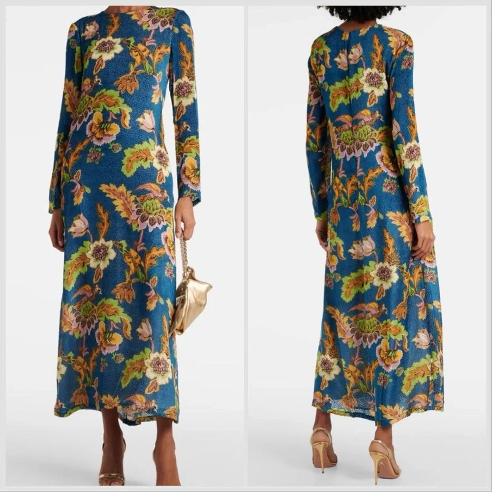 La DoubleJ Long Sleeve Swing Maxi Dress – Lark Blue Sovereign Print, Small 4/6 - Picture 3 of 11